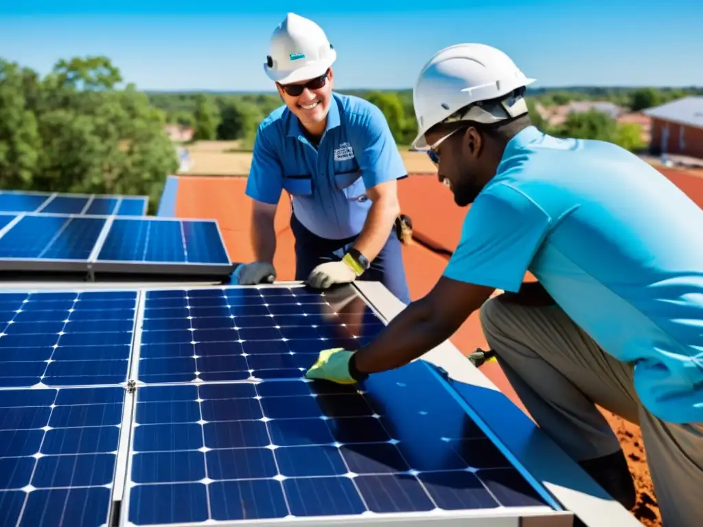 Instalación de paneles solares: ingenieros y voluntarios unidos Un equipo de ingenieros ambientales y voluntarios instala paneles solares en un centro comunitario