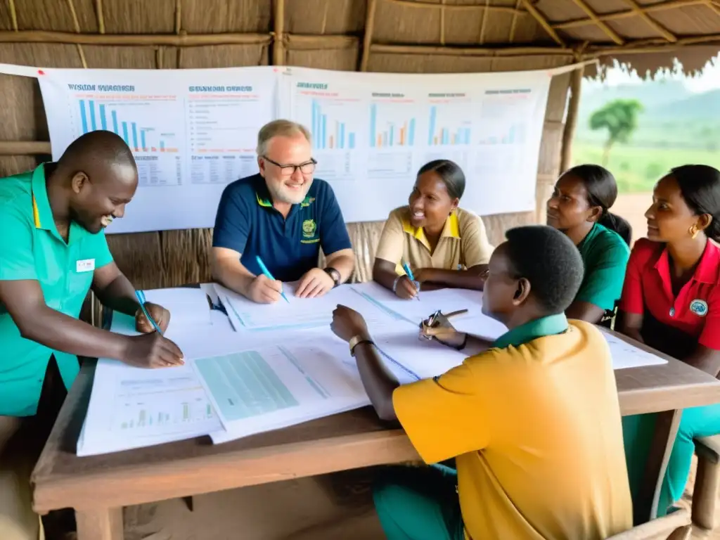 Equipo de cooperación internacional analizando datos de impacto en una aldea rural, fomentando progreso y colaboración comunitaria