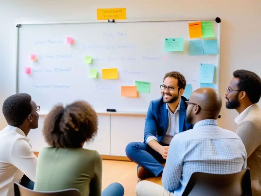 Un equipo de investigadores y miembros de una ONG dialogan con empatía y determinación en una sala iluminada por luz natural