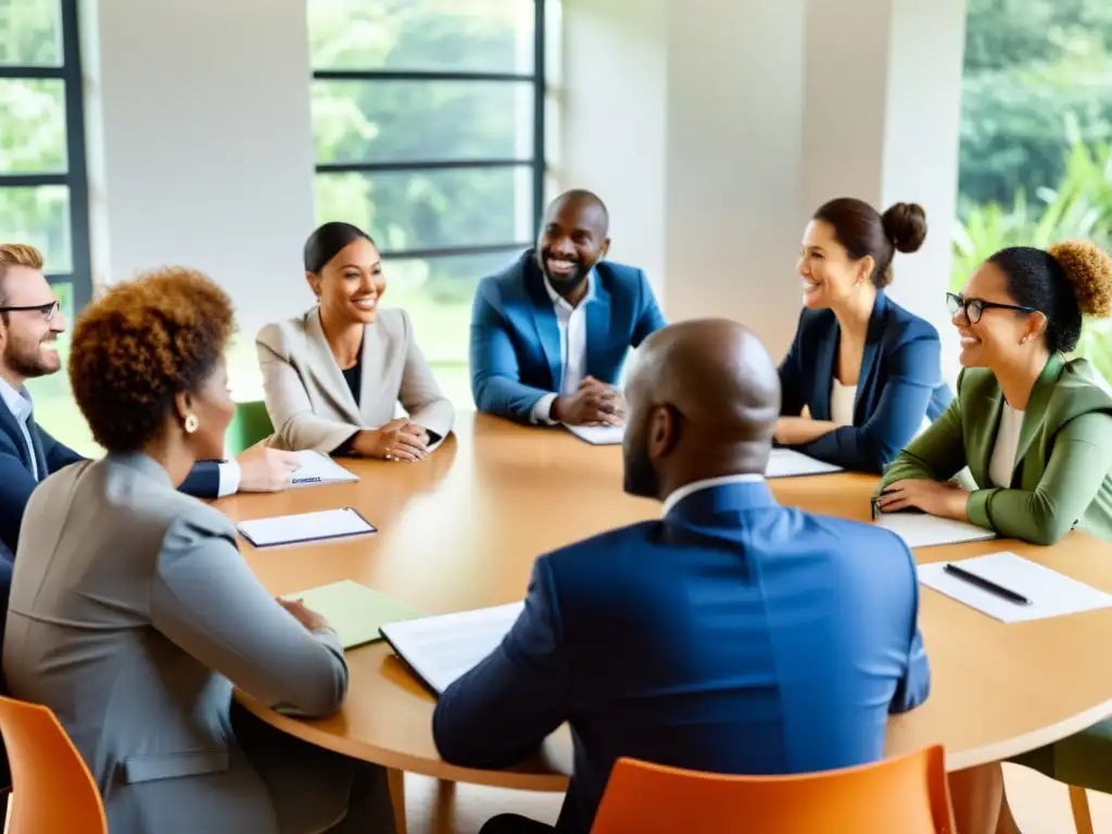 Equipo de liderazgo inclusivo en ONGs, diversidad y colaboración en discusión en mesa iluminada