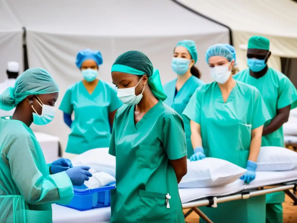 Equipo médico y voluntarios en hospital de campaña atendiendo pacientes, reflejando desafíos globales y la diplomacia sanitaria de las ONGs