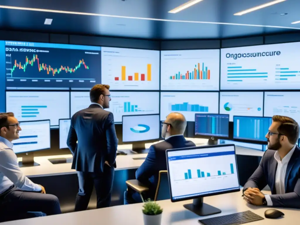 Equipo de ONGConsultores en acción: análisis de datos inspirador Equipo de ONGConsultores colaborando en una oficina moderna, con gráficos y servidores