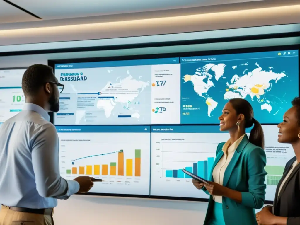 Equipo de ONGs analiza un dashboard detallado en una oficina moderna