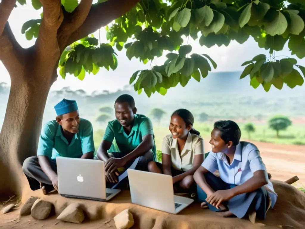 Equipo de ONGs colaborando en un proyecto comunitario bajo un árbol, con servicios de almacenamiento en la nube para ONGs