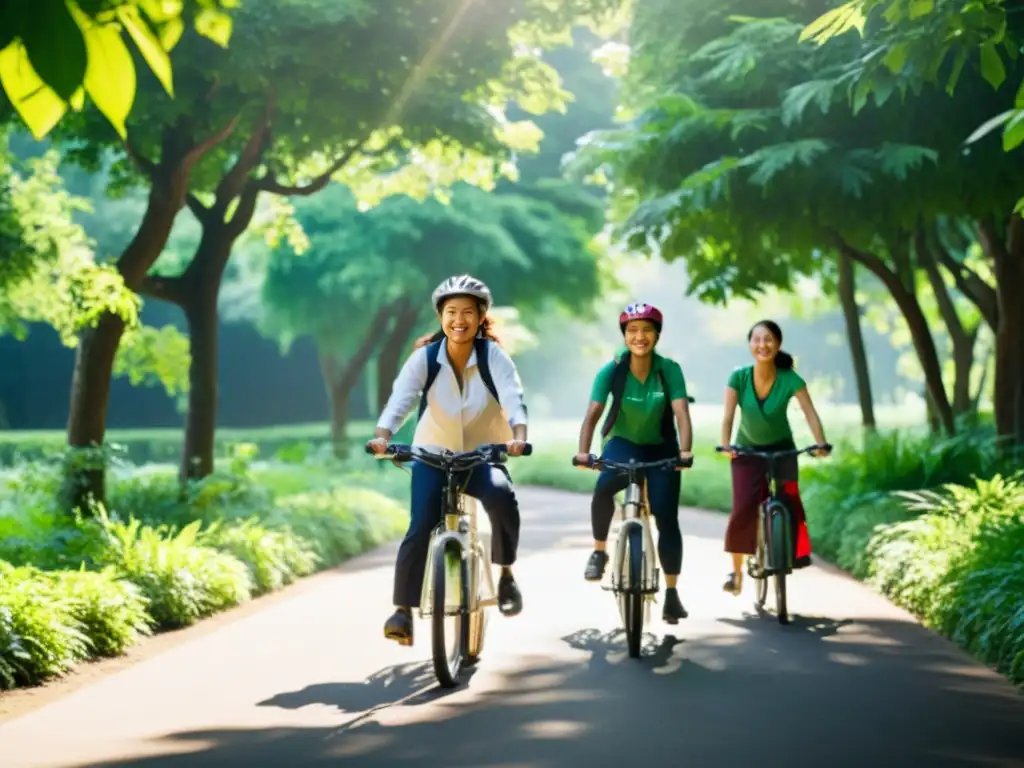 Un equipo de ONGs sonrientes pedaleando juntos por un sendero arbolado, transmitiendo un ambiente sereno y ecológico