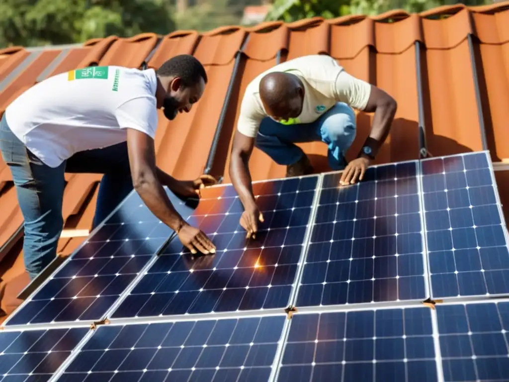 Un equipo instala paneles solares en un edificio de una ONG, mostrando compromiso con Tecnologías Sostenibles para ONGs