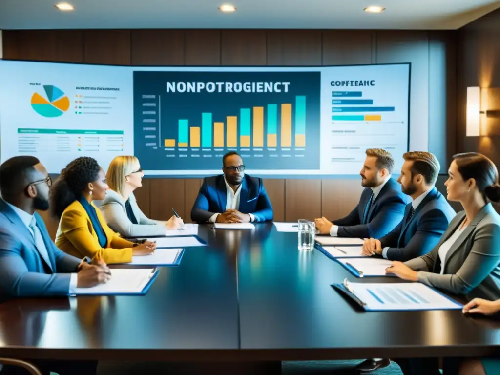 Equipo de profesionales actualizando el plan de contingencia financiera para ONGs en una intensa reunión de trabajo