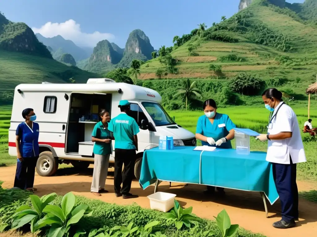 Un equipo de profesionales de la salud y voluntarios montando una clínica móvil en una aldea remota, rodeados de exuberante naturaleza y cielo azul