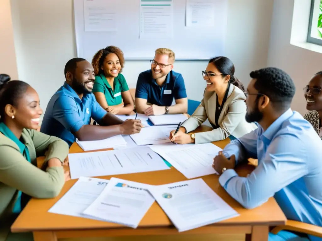 Equipo de profesionales y voluntarios discutiendo ideas para mejorar su ONG