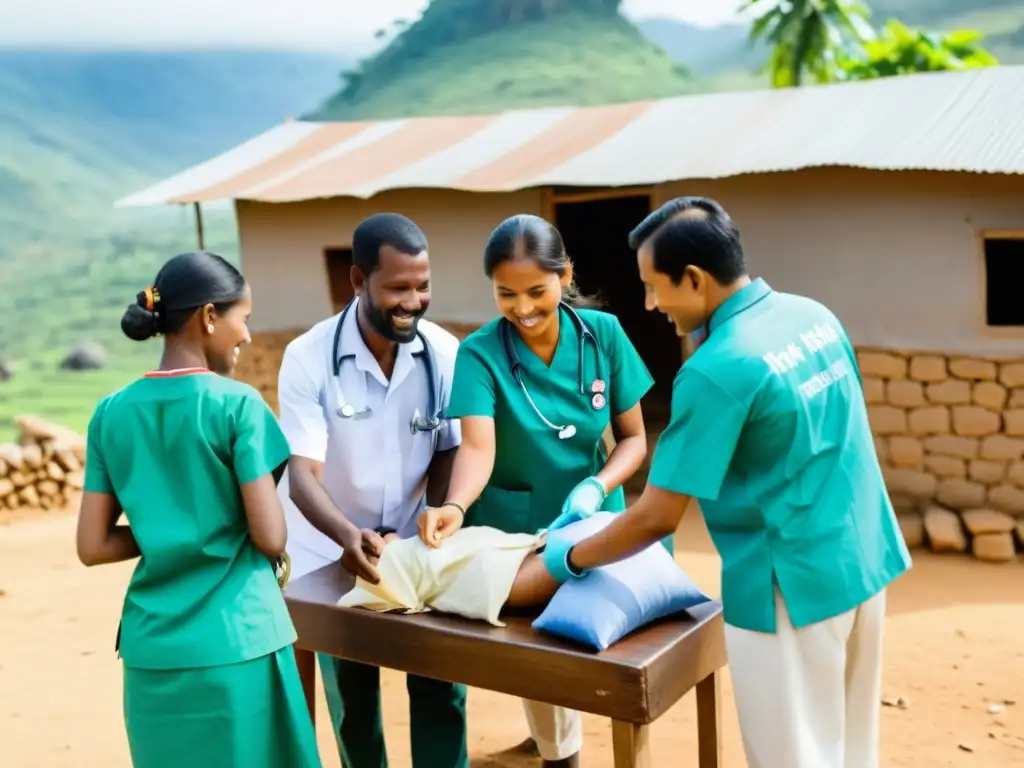 Un equipo de profesionales y voluntarios de una ONG realizando proyectos innovadores de salud y bienestar en una aldea remota