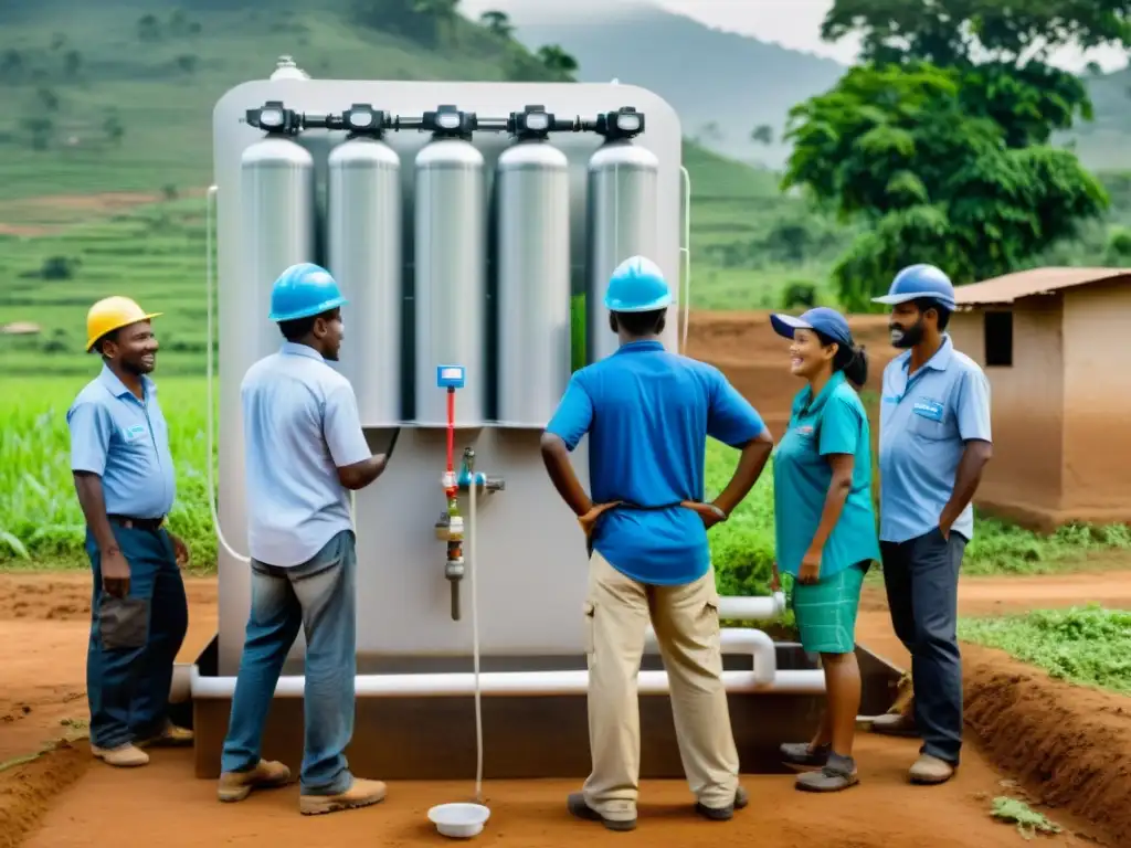 Equipo instalando sistema de filtración de agua en comunidad rural