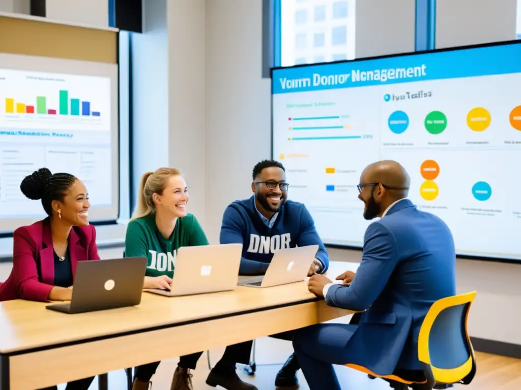 Voluntarios sonrientes colaborando en estrategias de compromiso con donantes Equipo sonriente de voluntarios trabajando en laptops, discutiendo estrategias para implementación CRM gestión donantes ONG