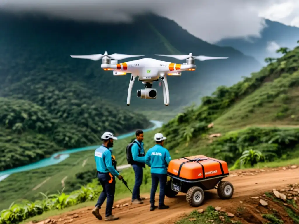 Un equipo de trabajadores de ayuda utilizando drones avanzados con inteligencia artificial para asistir en zonas remotas tras desastre natural