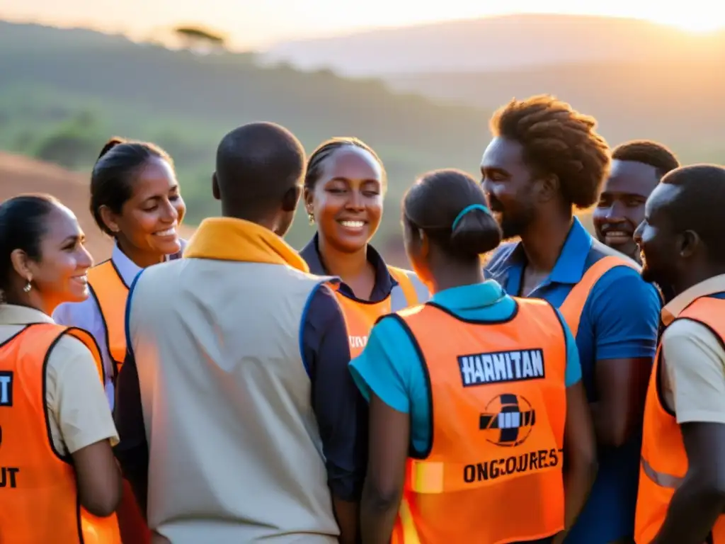 Un equipo de trabajadores de ayuda humanitaria, unidos en resiliencia y solidaridad al atardecer