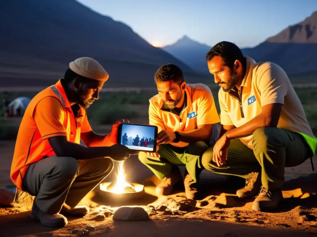 Equipo humanitario en acción: colaboración vital en terreno Un equipo de trabajadores humanitarios colabora en un entorno desafiante, iluminados por la pantalla de un dispositivo móvil