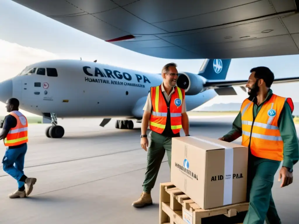 Un equipo de trabajadores humanitarios descarga suministros de ayuda de un avión en una región remota y devastada por la guerra