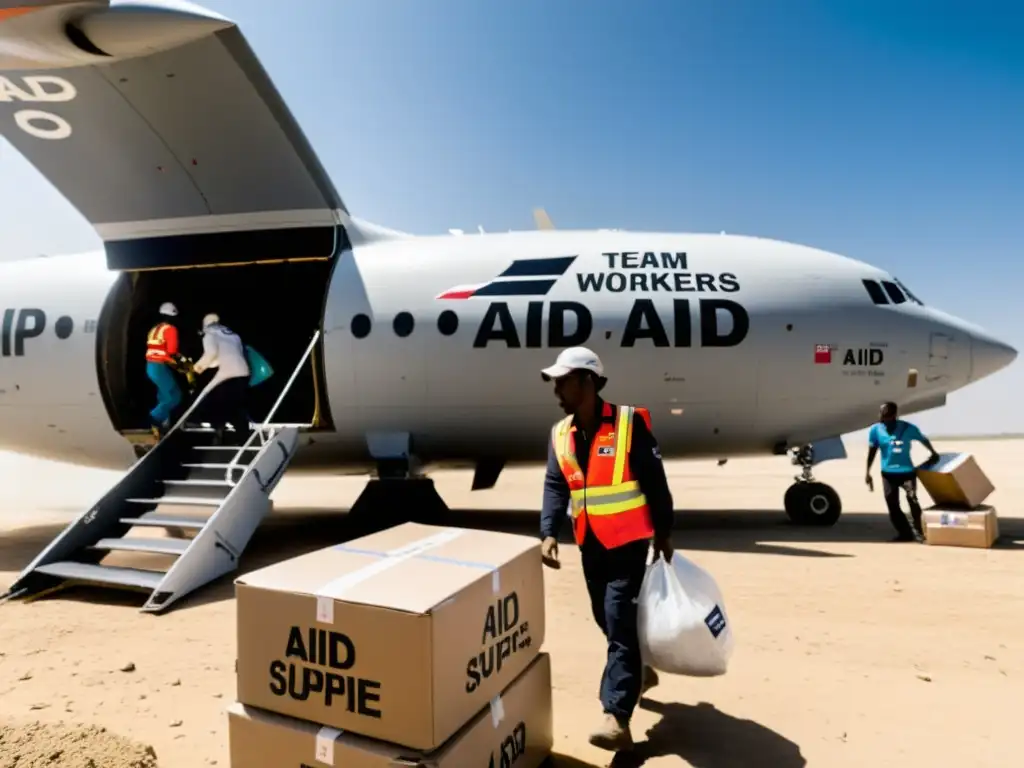 Un equipo de trabajadores humanitarios descarga suministros de un avión en una zona remota y afectada por desastres