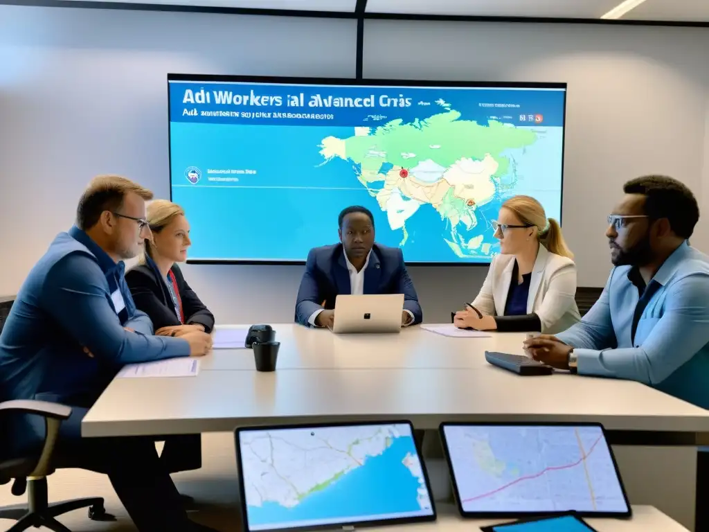 Un equipo de trabajadores humanitarios utiliza tecnología de IA para mapear áreas de crisis, colaborando con determinación para ayudar