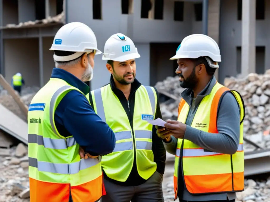 Coordinación humanitaria en zona de crisis: trabajadores unidos Un equipo de trabajadores humanitarios en zona de crisis, comunicándose con radios, coordinando esfuerzos para brindar ayuda