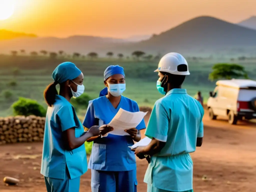 Un equipo de trabajadores de la salud en un círculo, planificando asistencia médica en una aldea remota al atardecer