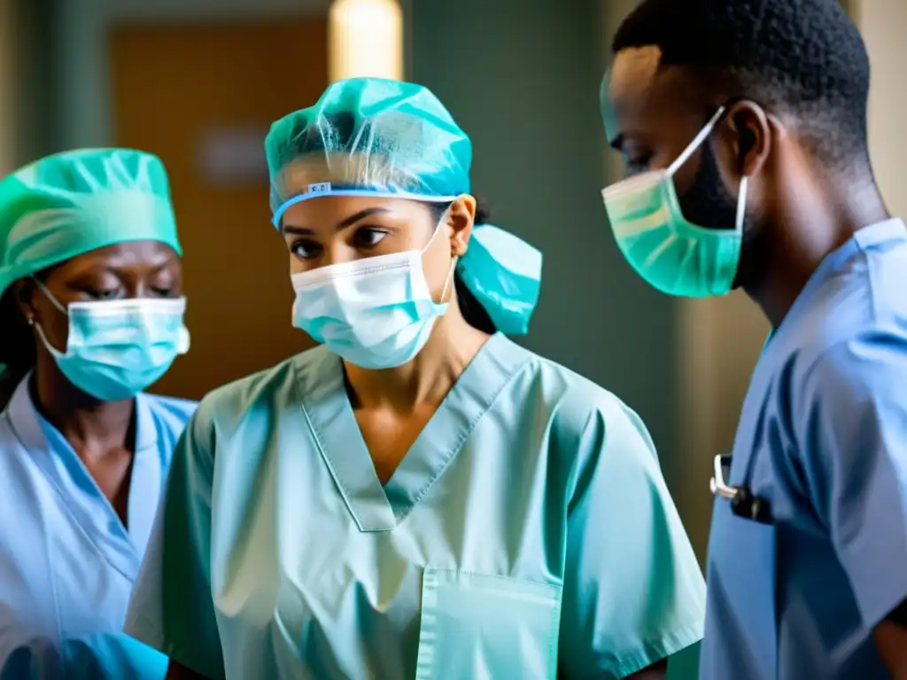 Un equipo de trabajadores de la salud en un hospital, con EPP, brindando cuidado a pacientes