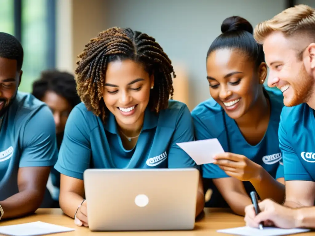 Un equipo de voluntarios apasionados trabajando juntos en estrategias para email marketing para ONGs, mostrando compromiso y experticia