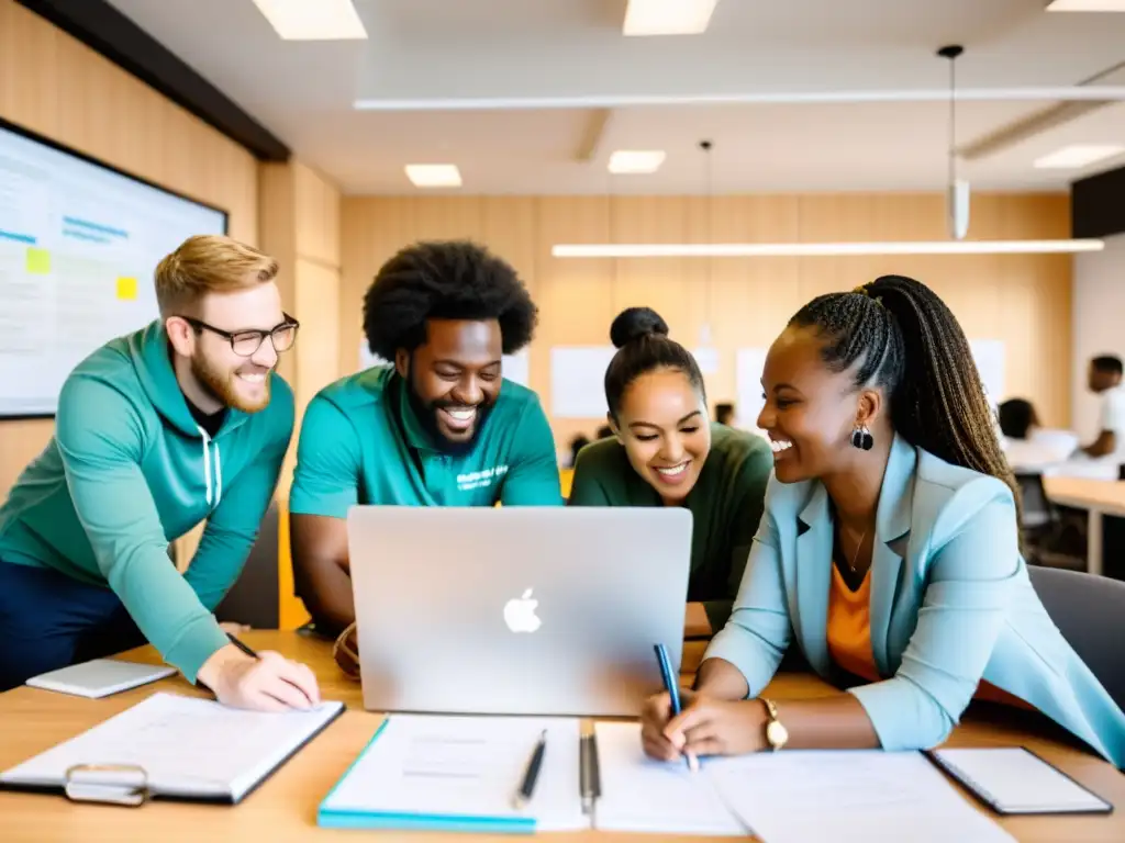 Un equipo de voluntarios apasionados colabora en una oficina organizada, llena de energía y determinación para mejorar la visibilidad online de ONGs