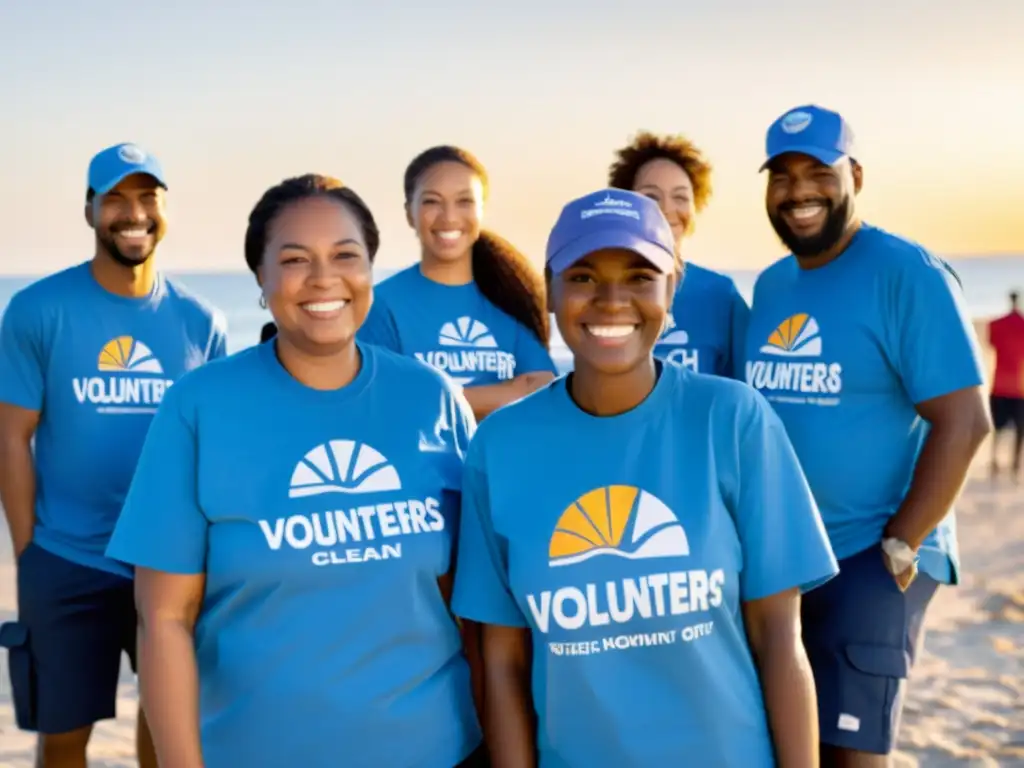 Equipo de voluntarios apasionados limpiando una playa al atardecer, uniendo esfuerzos por un mundo mejor