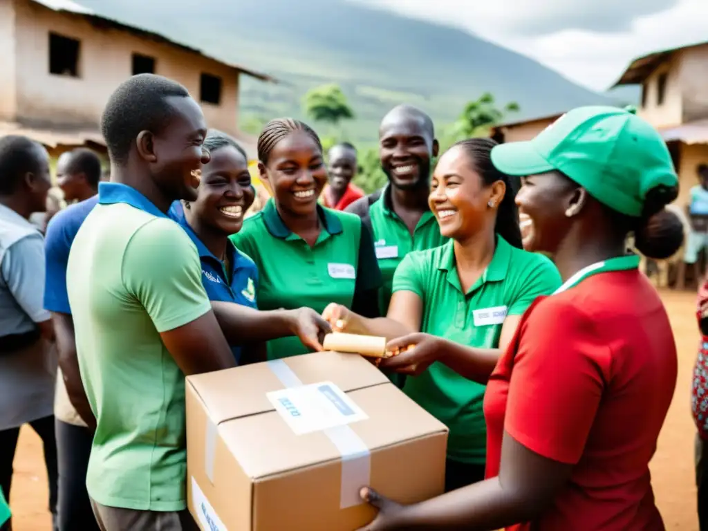 Un equipo de voluntarios distribuye ayuda a una comunidad necesitada, mostrando la importancia de la medición del ROI social en ONGs