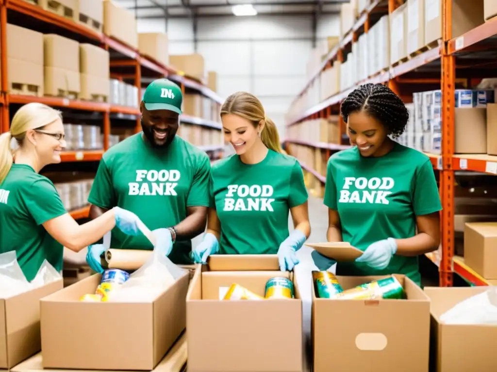 Un equipo de voluntarios en una bodega de banco de alimentos, trabajando en conjunto para clasificar y empacar donaciones