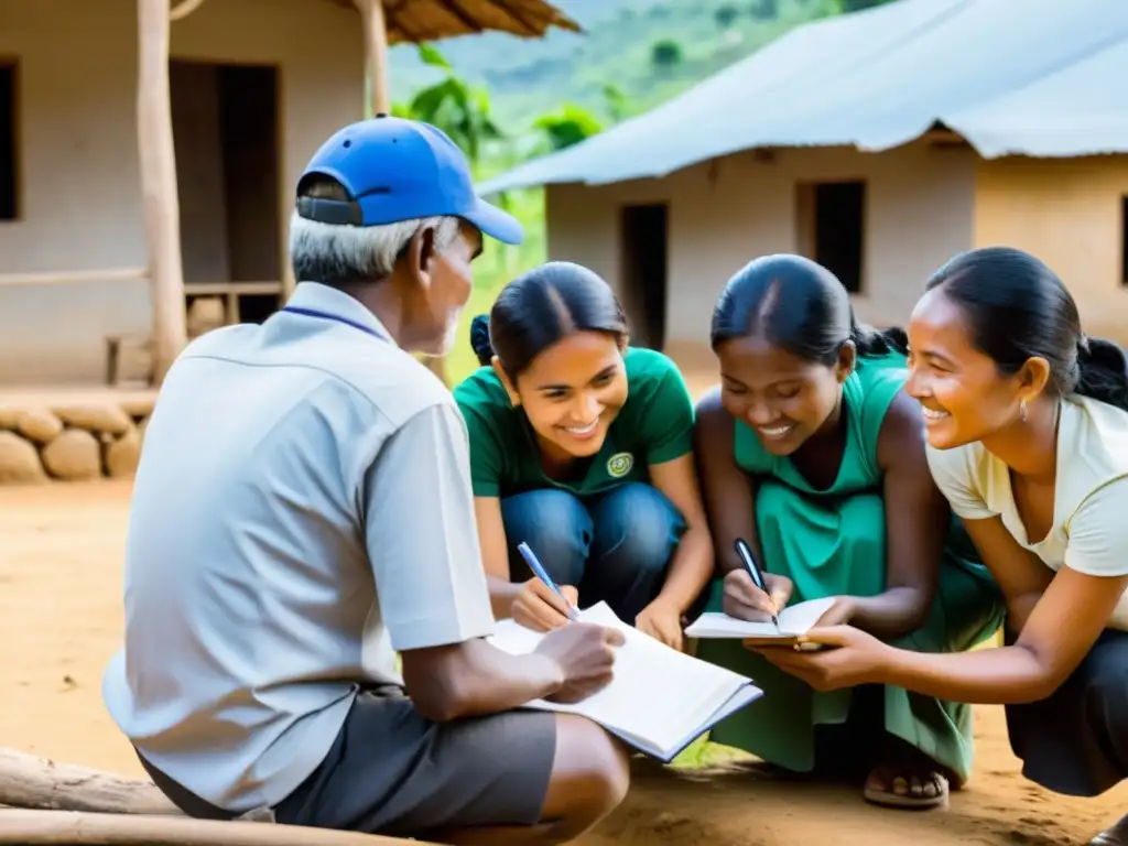 Equipo de voluntarios de ONG estudia caso en comunidad rural, destacando compromiso en metodología de estudios de caso ONGs