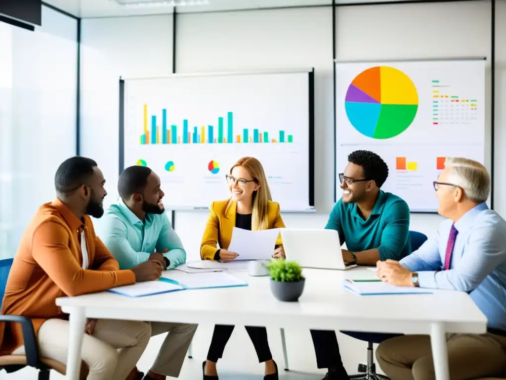 Equipo de voluntarios revisando documentos financieros para la contabilidad de fondos de ONGs en una oficina luminosa