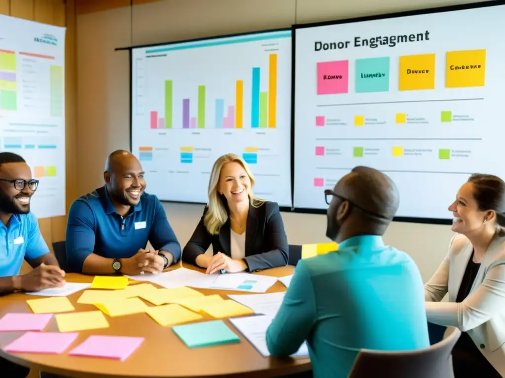 Planificación estratégica para compromiso de donantes Equipo de voluntarios y donantes planificando estrategias para la implementación CRM gestión donantes ONG, rodeados de gráficos y post-its coloridos