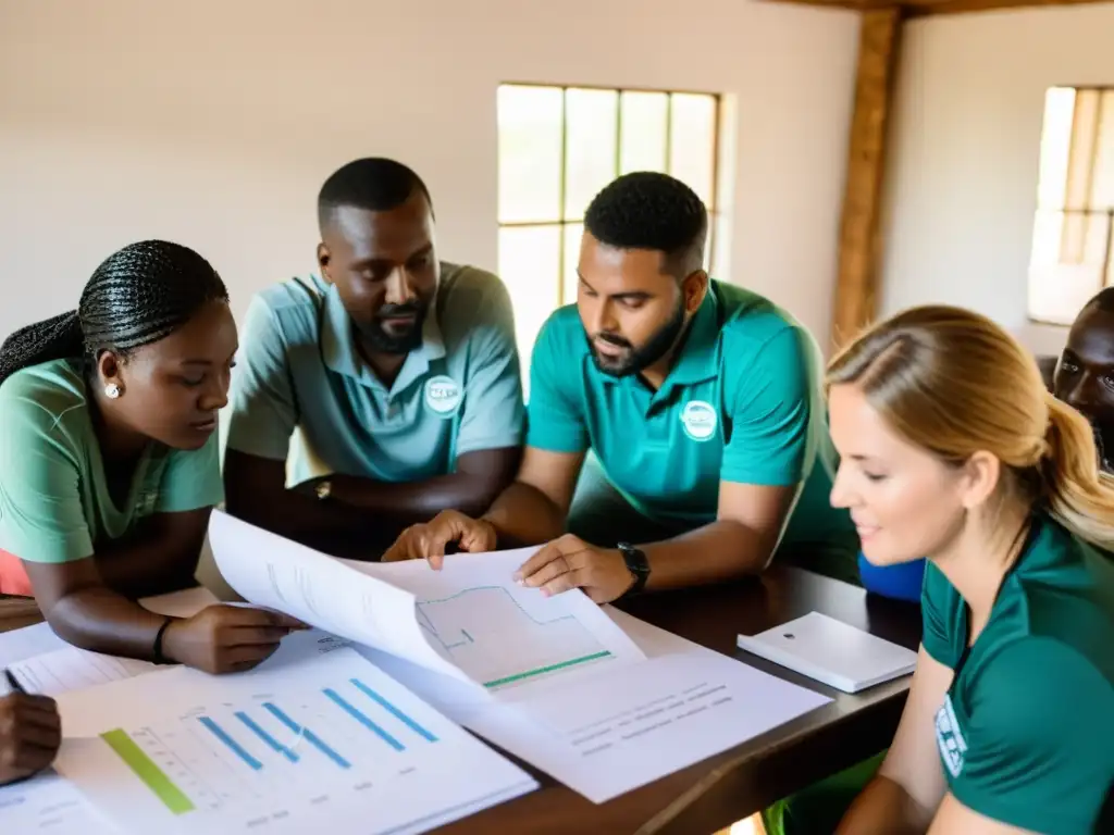 Equipo de voluntarios y gestores revisando gráficos en laptop, planificando proyecto humanitario