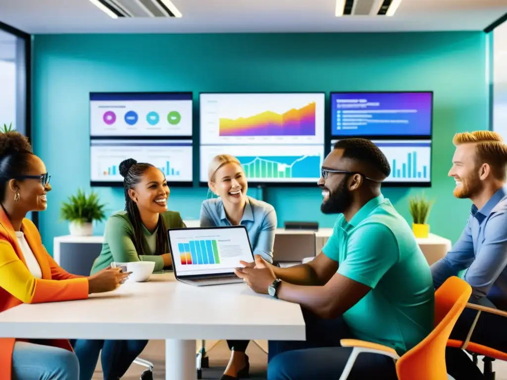 Equipo diverso implementando herramientas digitales innovadoras en ONG Equipo de voluntarios colaborando en una oficina vibrante, discutiendo sobre herramientas digitales para ONG 2023 en un ambiente moderno y enérgico