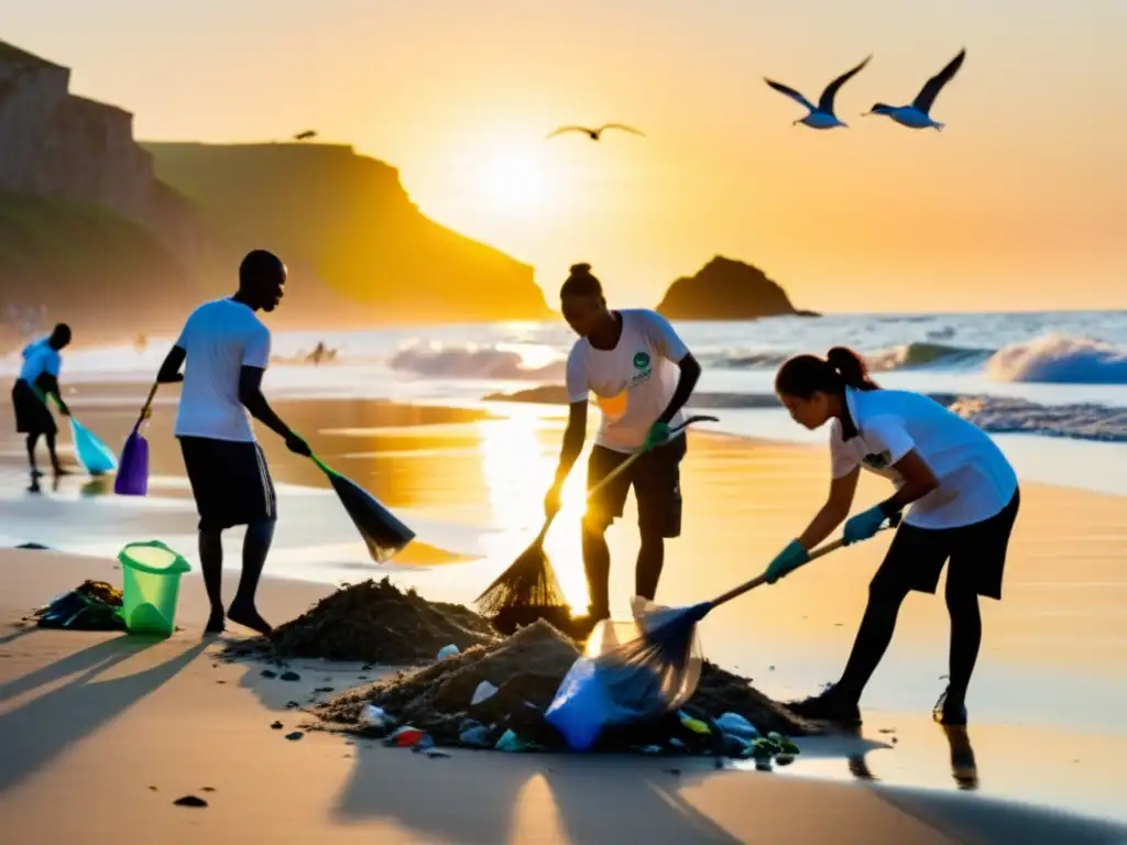 Equipo de voluntarios de una ONG ambiental limpiando la playa al atardecer, inspirando estrategias de reducción de plásticos