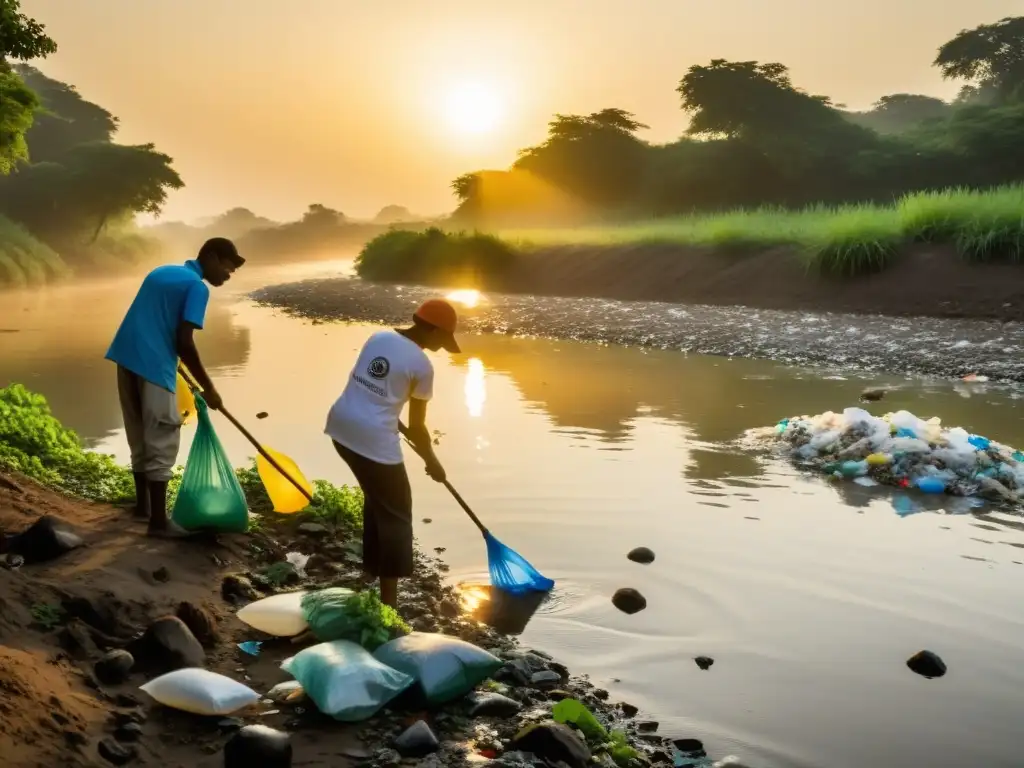 Un equipo de voluntarios de una ONG ambiental limpia con dedicación un río contaminado, demostrando estrategias de reducción de plásticos