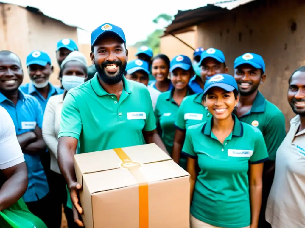 Equipo solidario distribuyendo ayuda en crisis Equipo de voluntarios y personal de ONG distribuyendo ayuda en crisis, destacando la importancia de estrategias financieras para ONGs en crisis