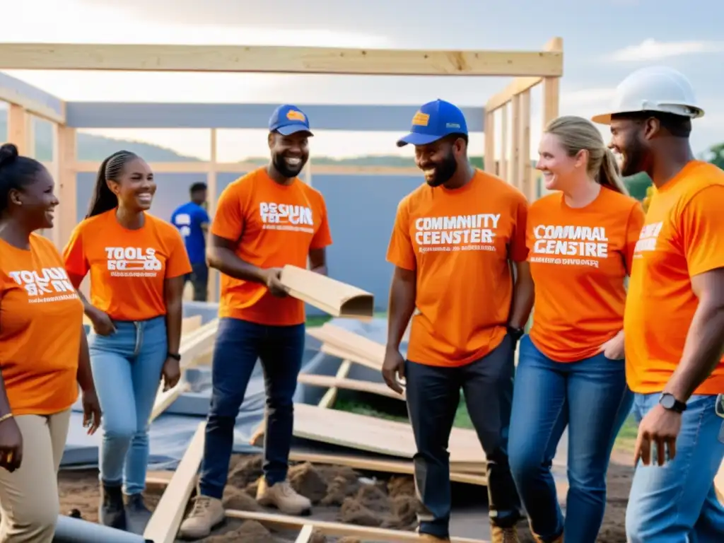 Equipo de voluntarios y personal de ONG reconstruyen un centro comunitario al atardecer, mostrando la clave resiliencia organizativa ONG