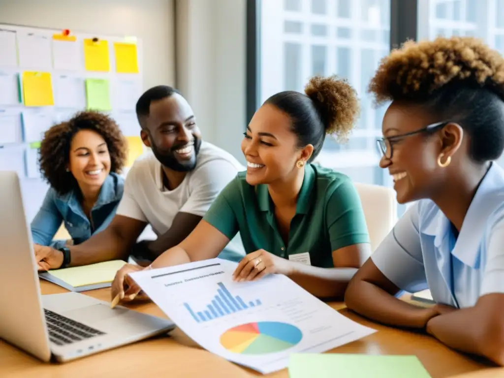 Equipo de una ONG colaborando en gestión de donantes Equipo de voluntarios y personal de ONG colaborando en implementación CRM gestión donantes, rodeados de gráficos y notas