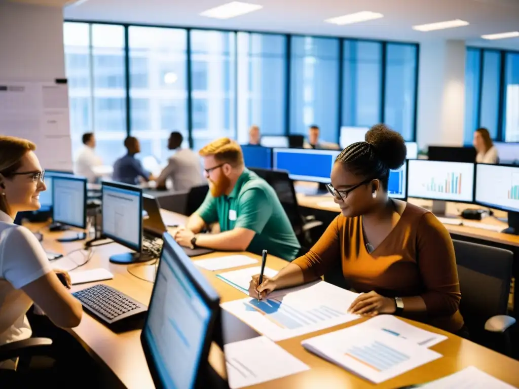 Equipo de voluntarios y personal trabajando en una oficina luminosa y bulliciosa, enfocados en la automatización de procesos para ONGs