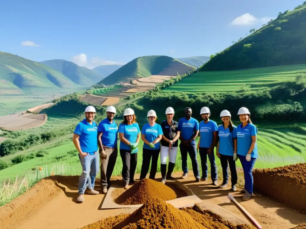 Equipo de voluntarios y personal de una ONG construyendo viviendas sostenibles para una comunidad local