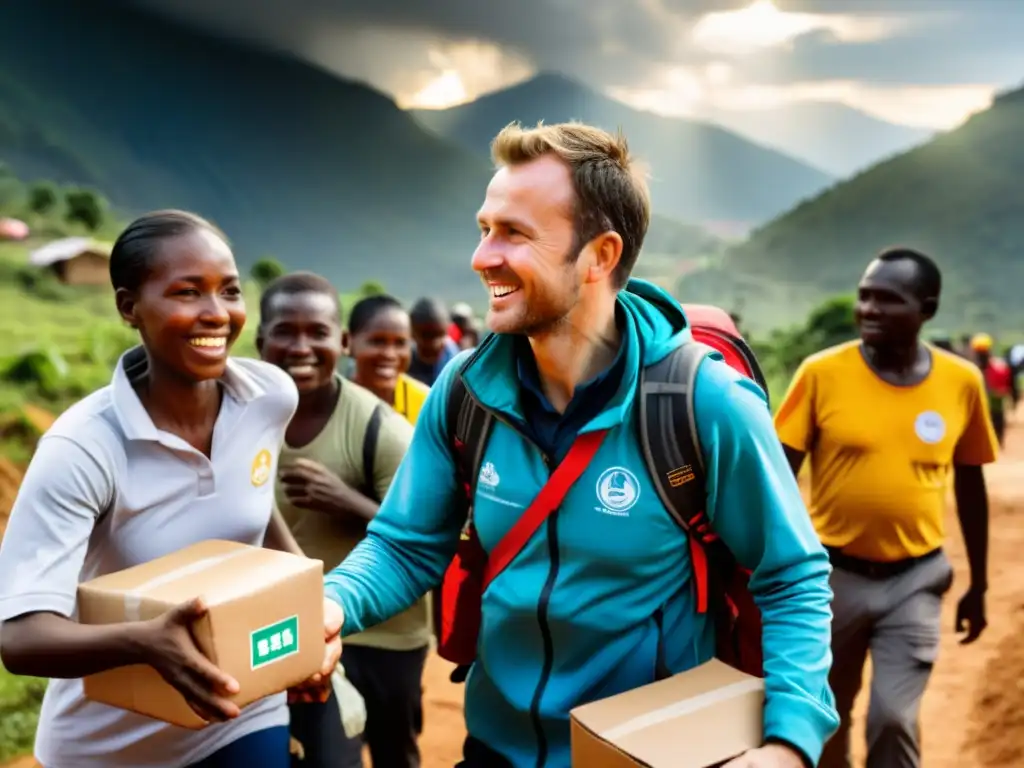 Equipo de voluntarios y trabajadores de ONG distribuyendo ayuda en comunidad necesitada, mostrando la medición de impacto en ONGs