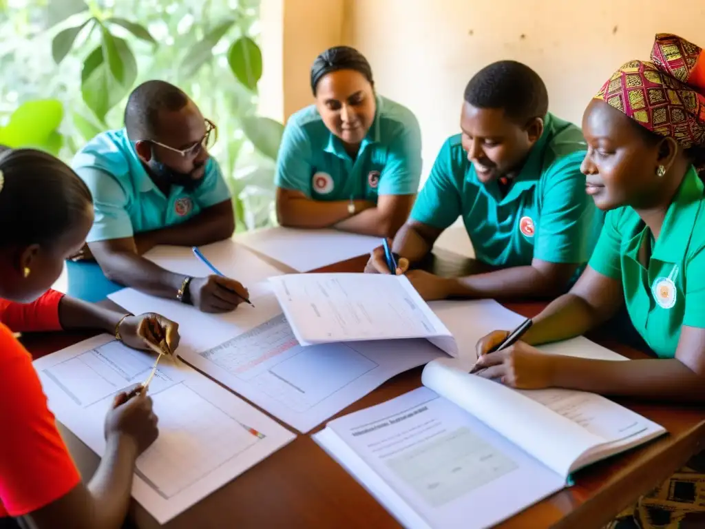 Equipo de voluntarios y trabajadores de una ONG colaborando y planeando proyectos de desarrollo comunitario