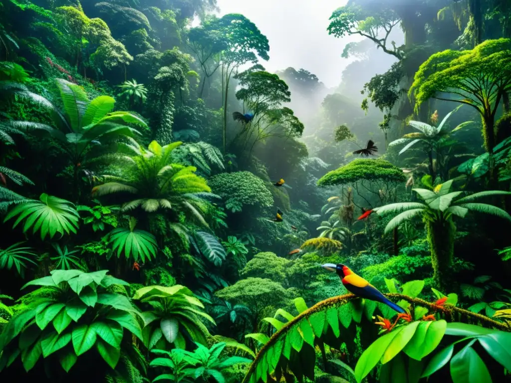 Escena exuberante de selva lluviosa con diversidad de especies