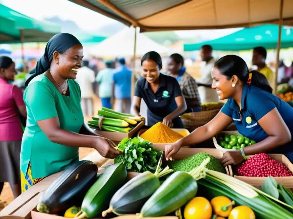 Una escena vibrante de diversidad e interacción en un mercado, reflejando la importancia de la diversificación de ingresos en una ONG