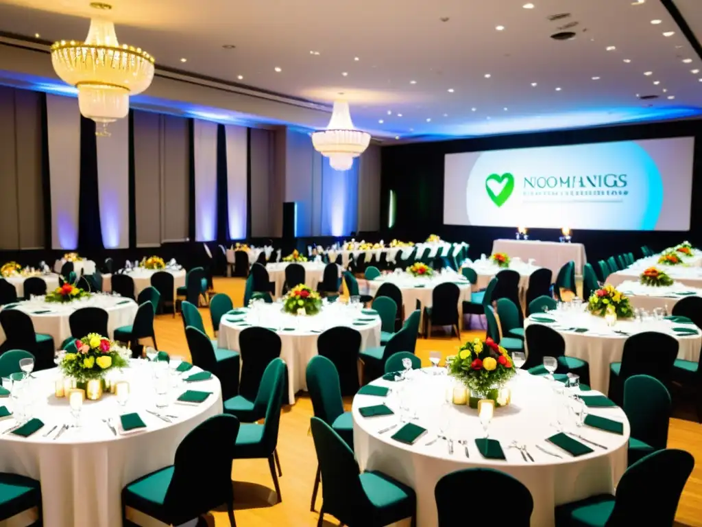 Evento solidario: sala luminosa llena de esperanza Espacio luminoso con mesas elegantes decoradas con flores frescas para estrategias de autofinanciamiento ONGs renta espacios
