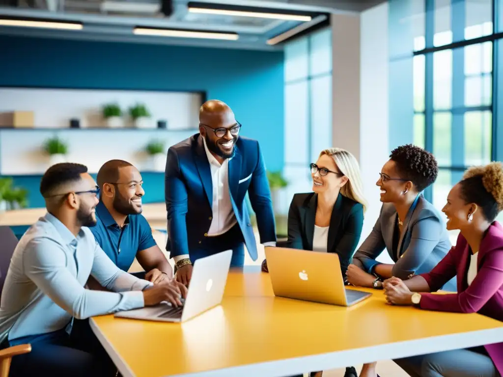 Un espacio de trabajo moderno y vibrante donde diversas organizaciones colaboran en alianzas estratégicas ONG, transmitiendo energía y profesionalismo