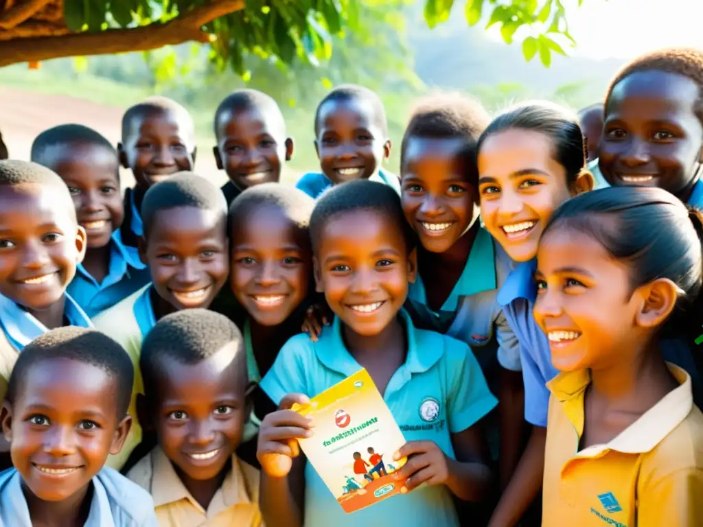 Estrategias de match funding para ONGs: Niños sonrientes en aldea rural reciben ayuda y materiales educativos, rodeados de voluntarios