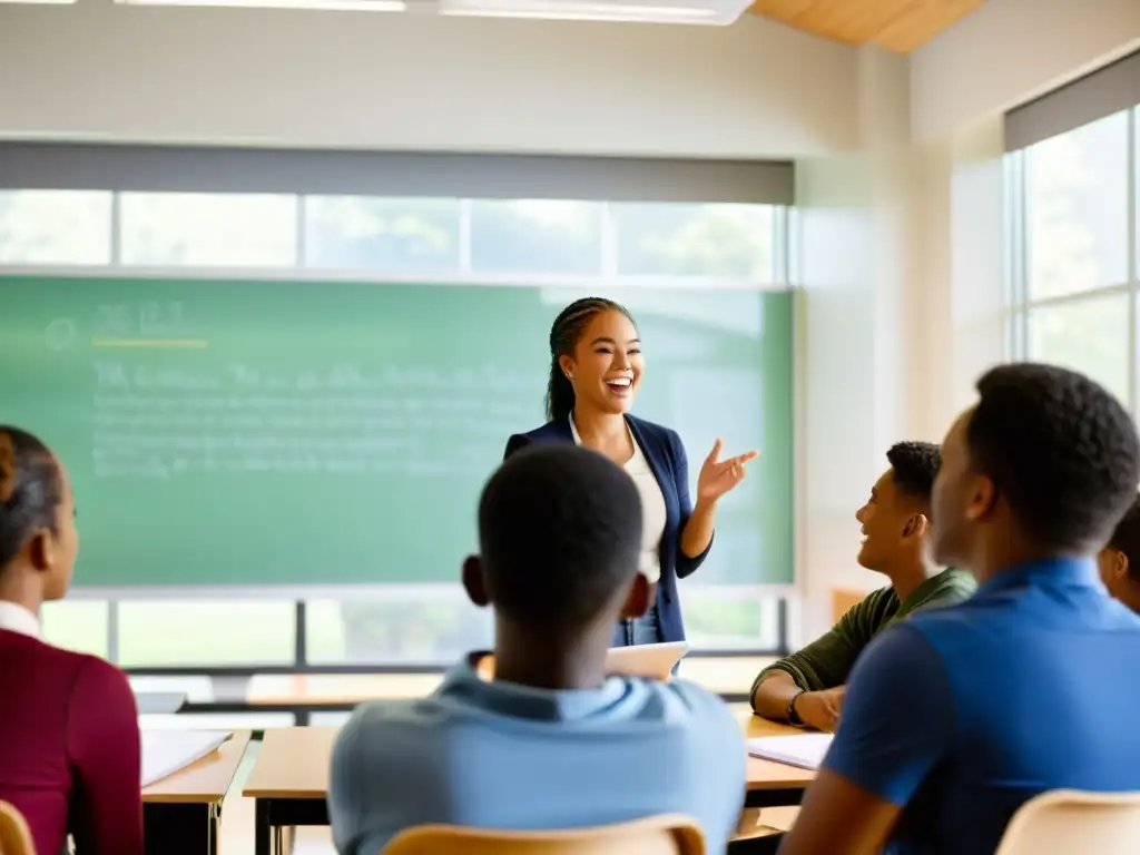 Estudiantes colaborando en aula moderna, con luz natural